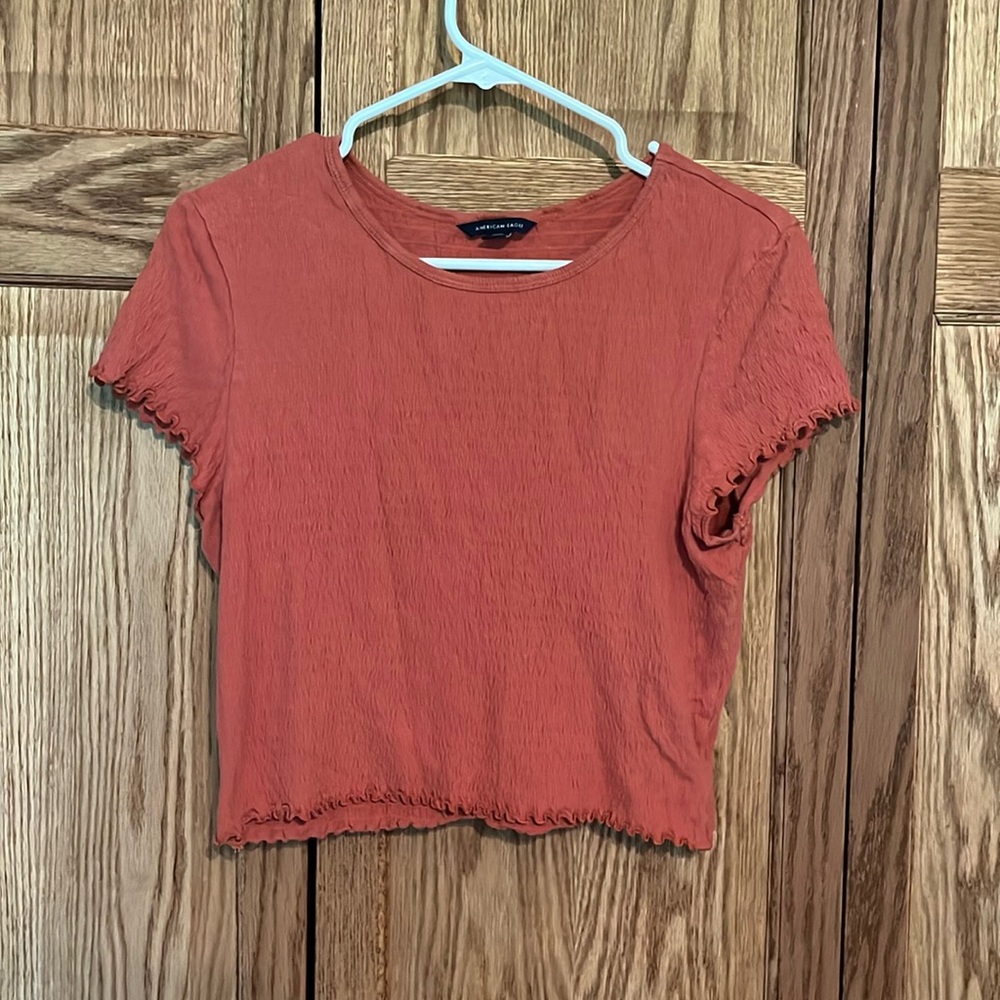 Salmon-colored short sleeve ruffled crop top